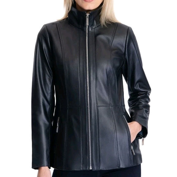 Michael Kors Jackets & Blazers - Michael Kors Black Genuine Leather Zip-Front Jacket – Size Large - EUC